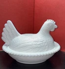 Vintage Indiana Glass White Milk Glass Hen on Nest Slotted Beaded Basket 7,25”