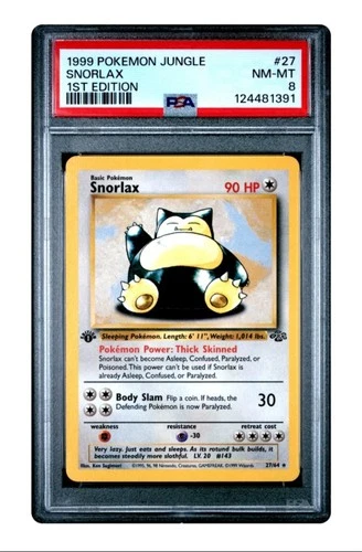 RARE 1999 Pokémon Jungle Snorlax 1st Edition #27 PSA 8 NM-MT