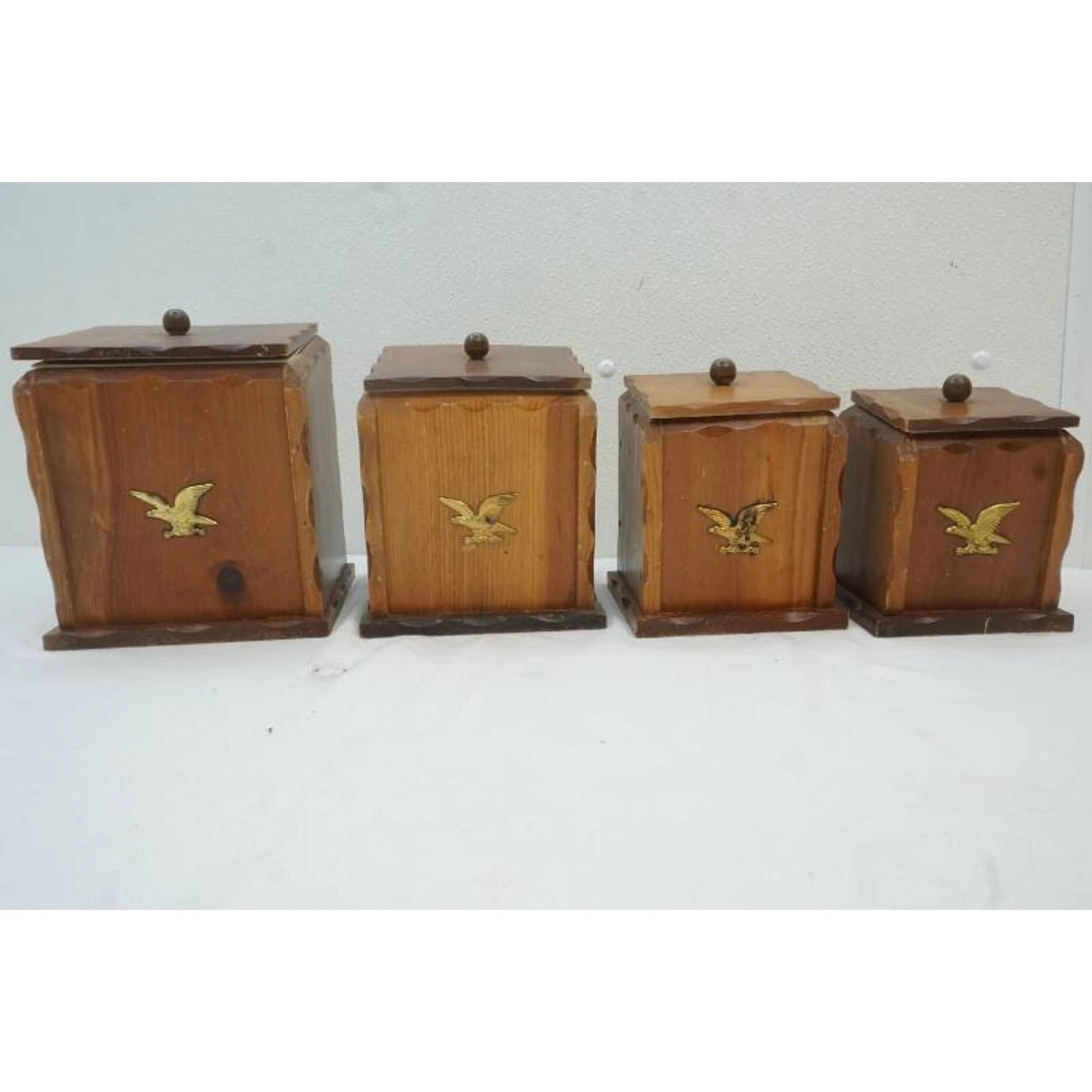 4 Vintage Wooden Eagle Canisters, Wood Lid, Plastic Liner, Colonial Style