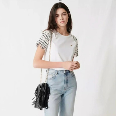 Maje Paris Tweed Sleeve Tee Shirt in Ecru Luxury White Size Large (3) $155
