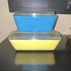 Vintage Pyrex Rectangle Blue Yellow Clear Glass Casserole Dishes with Lids