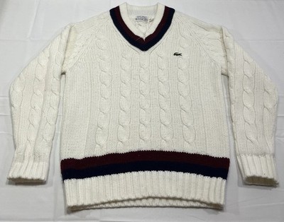Izod Lacoste Sweater VTG 80s 90s Tennis V Neck Cable Knit White Red Blue XL READ