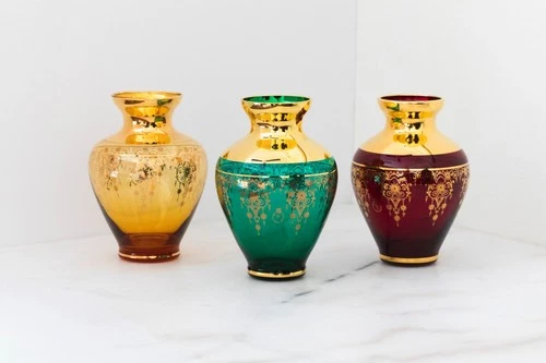Set 3 Vecchia Murano Glass Vases, Green, Yellow, Red, 5 in Tall, Gold Design