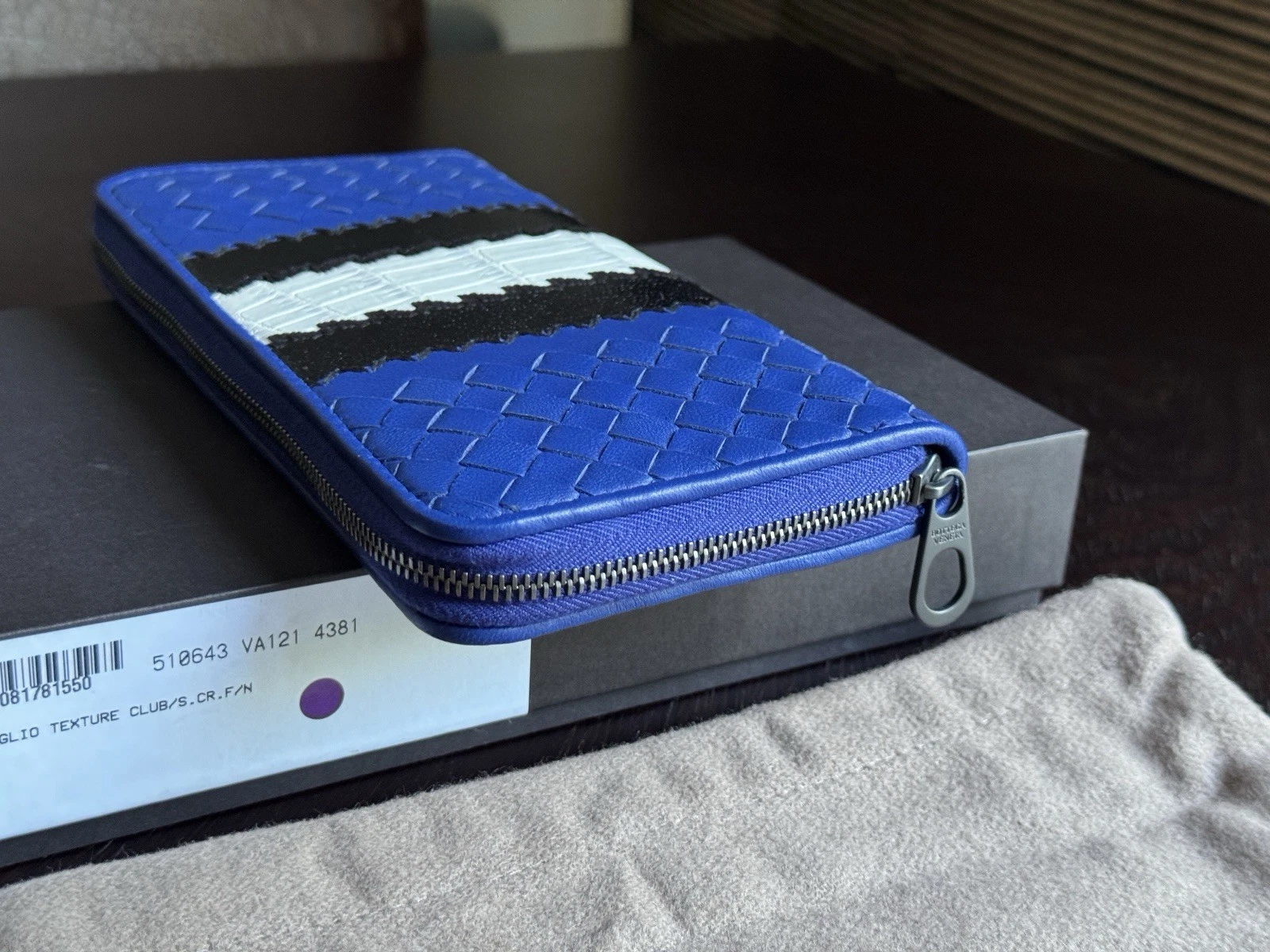 BOTTEGA VENETA ZIP BLU PORTAFOGLIO INTRECCIATO Mix coccodrillo pelle di vitello di capra