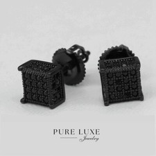 Men's Sterling Silver 925.Black 8mm Square Cubic Zirconia Earring.Unisex Box