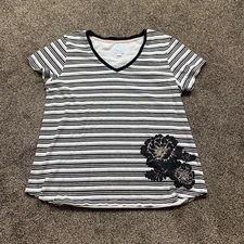 sunday womens large v-neck short sleeve black white striped t-shirt floral