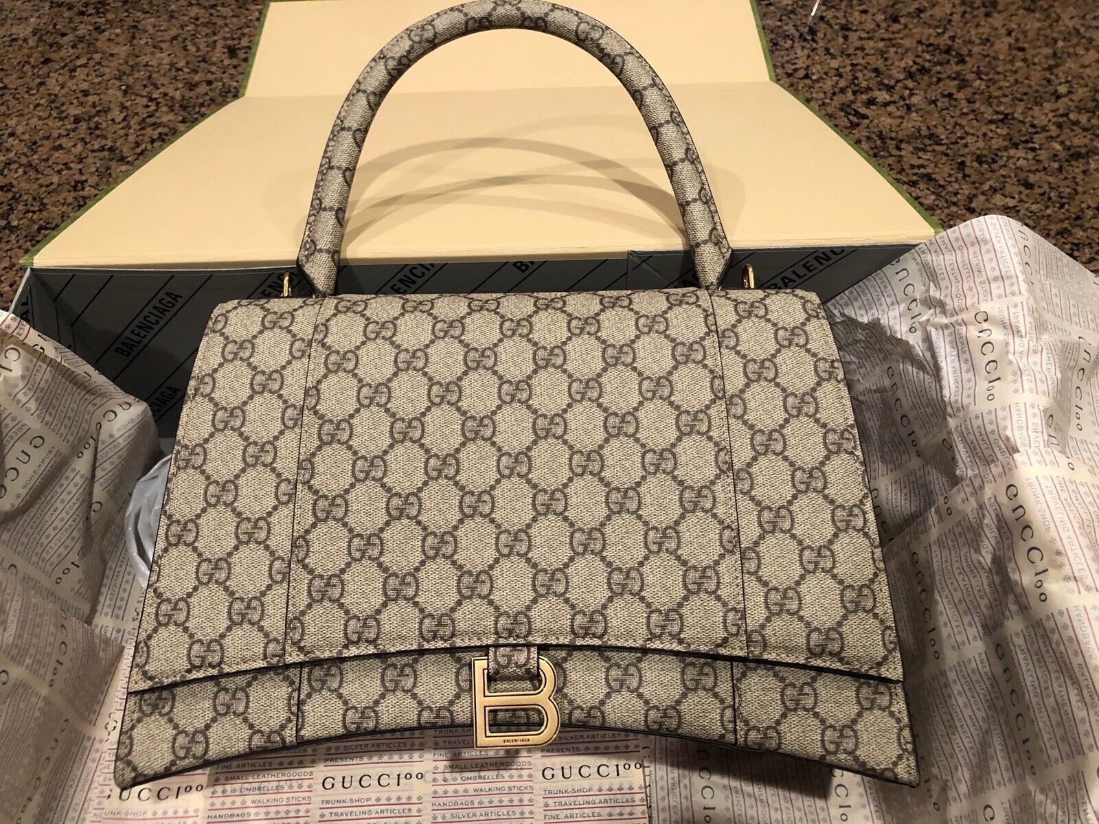 Gucci x Balenciaga The Hacker Project Small GG Supreme Hourglass Top  Handle Bag - Neutrals Handle Bags, Handbags - GBUAC20152