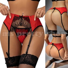 Women's Sexy Red Black Eyelash Lace Suspender Belt + G-string panties S M L 