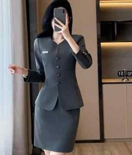 Tailleur Completo Donna Ufficio Giacca Blazer Set Gonna Grigio Slim 27600