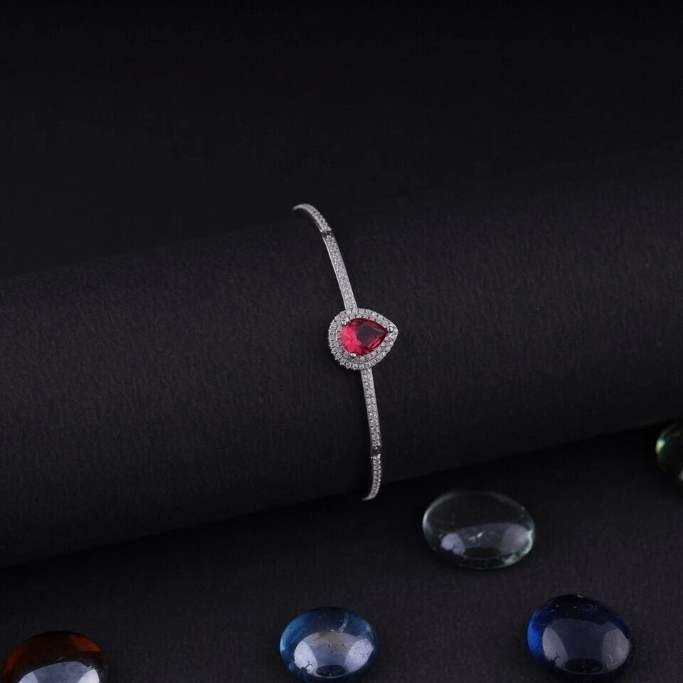 Simulated Pink Ruby Pear Cut 5Ct Women's Bangle Bracelet 14K White Gold Plated - Image 3 of 3