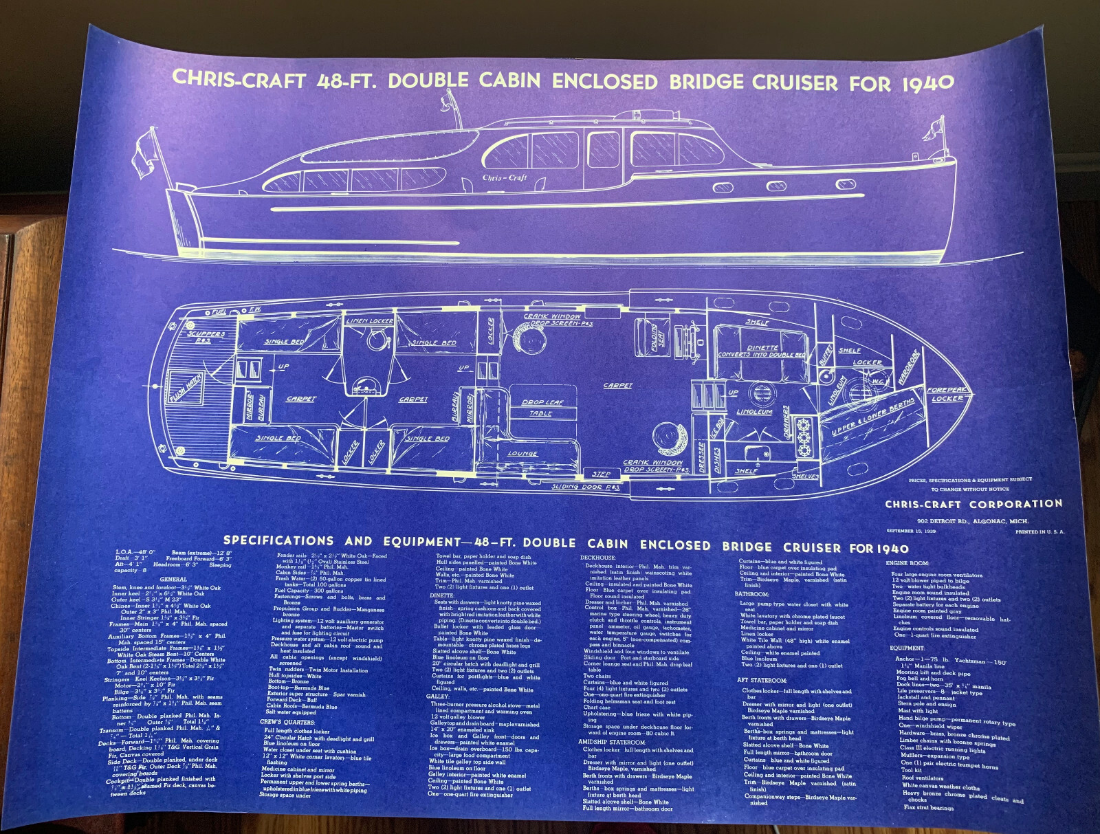 NOS 1939 Chris Craft Blueprint for 1940 48' Double Cabin Enclosed Bridge Cruiser