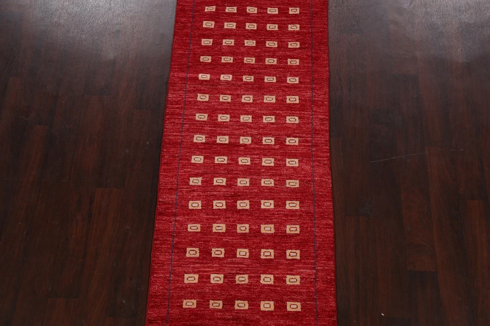 Modern Geometric Gabbeh Oriental Runner Rug Hand-knotted Wool 3x8 ft Red Carpet - Image 3 of 4
