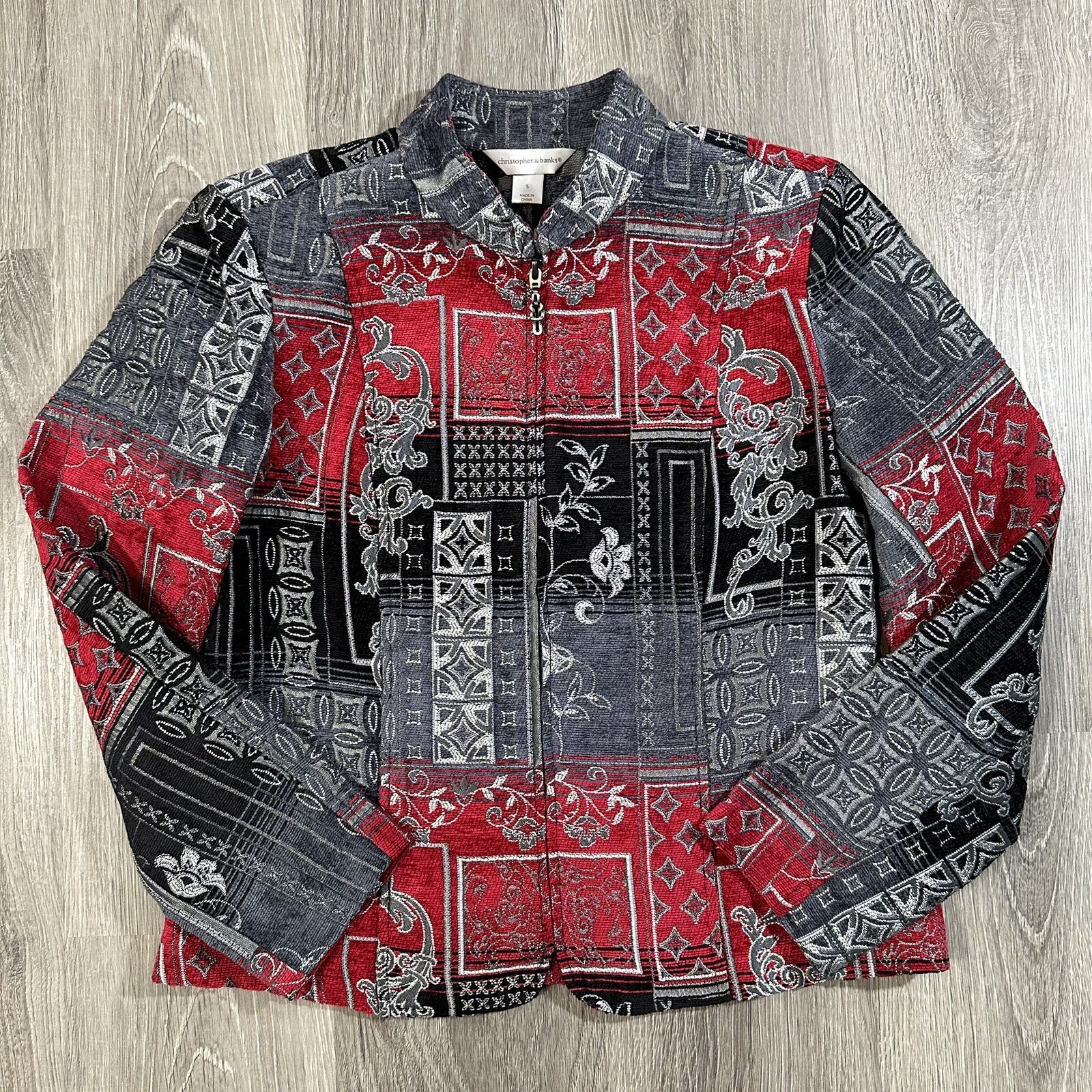 Christopher & Banks Full Zip Tapestry Jacket Women S Red Black Brocade Jacquard