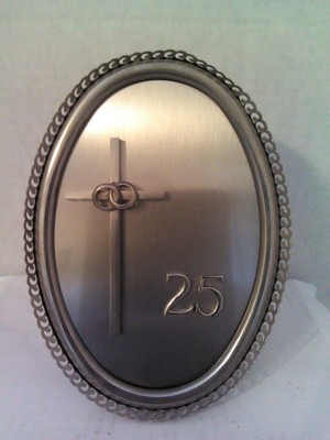 Vintage Framed Reflective ''25th Anniversary'' Silver Cross & Rings