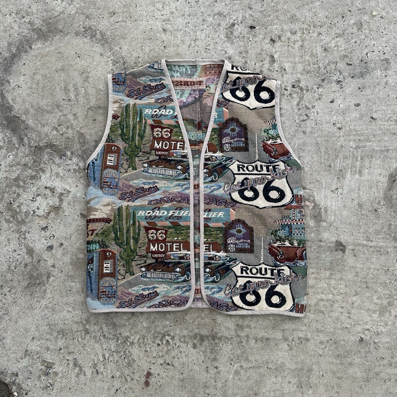 Vintage Y2K Handmade Route 66 Tapestry Vest Jacket 2000s Custom Design