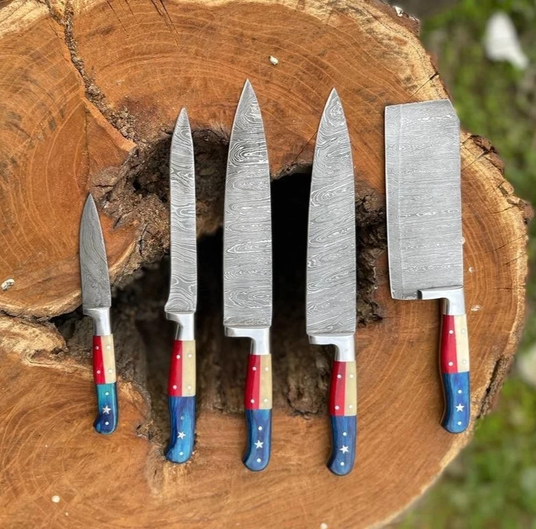 Handmade Damascus Steel Kitchen Knife Set-5 Pc Chef Set w/ American Flag Handles
Opens in a new wind