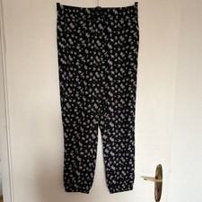 Mango Hose Damen S schwarz weiß Blumenmuster mit elastischem Bund Kordelzug