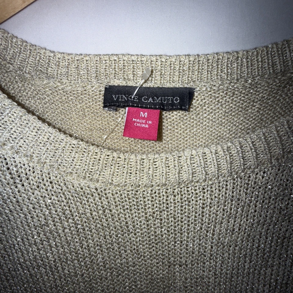 Vince Camuto Metallic Knit Sweater Top Medium Pale Sand Gold Shimmer Party NWOT - Image 3 of 4