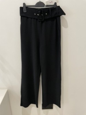 Derhy Wide Leg High Waist Pants Size L (12-14) Black Belted Loose Leg RRP £50