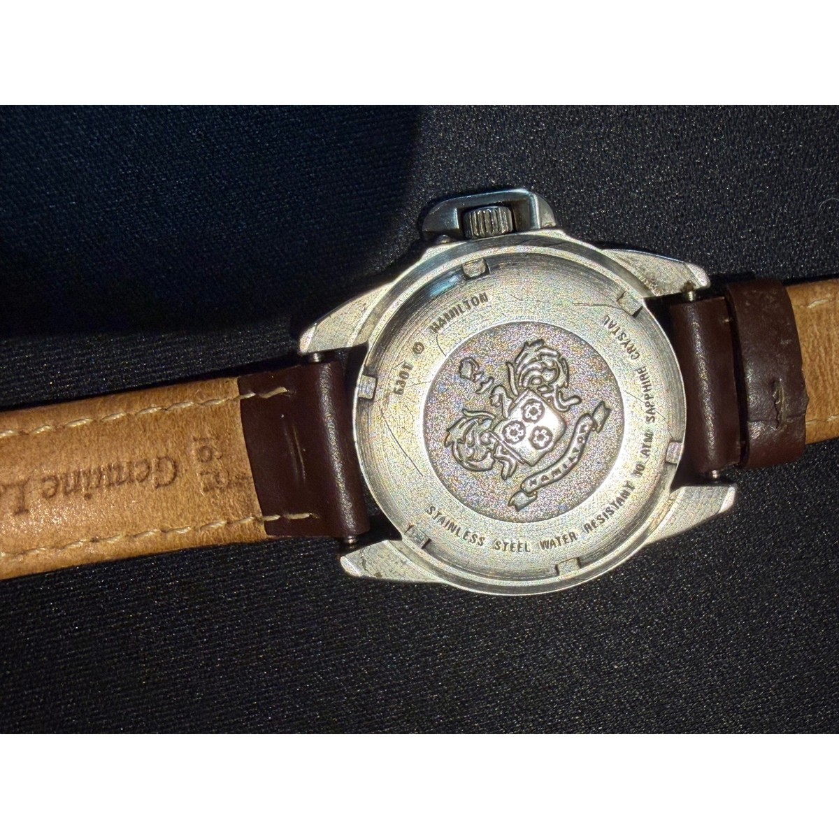 Hamilton Khaki Action Quartz Watch 6301 Black Dial Brown Leather