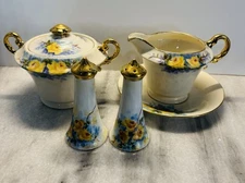 Vintage Hand Painted 5 Piece Cream & Sugar, Salt & Pepper Set Yellow Rose 1940’s