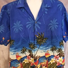 VTG Pacific Legend Hawaiian Camp Shirt Men Xl Blue Floral Parrot Cotton USA