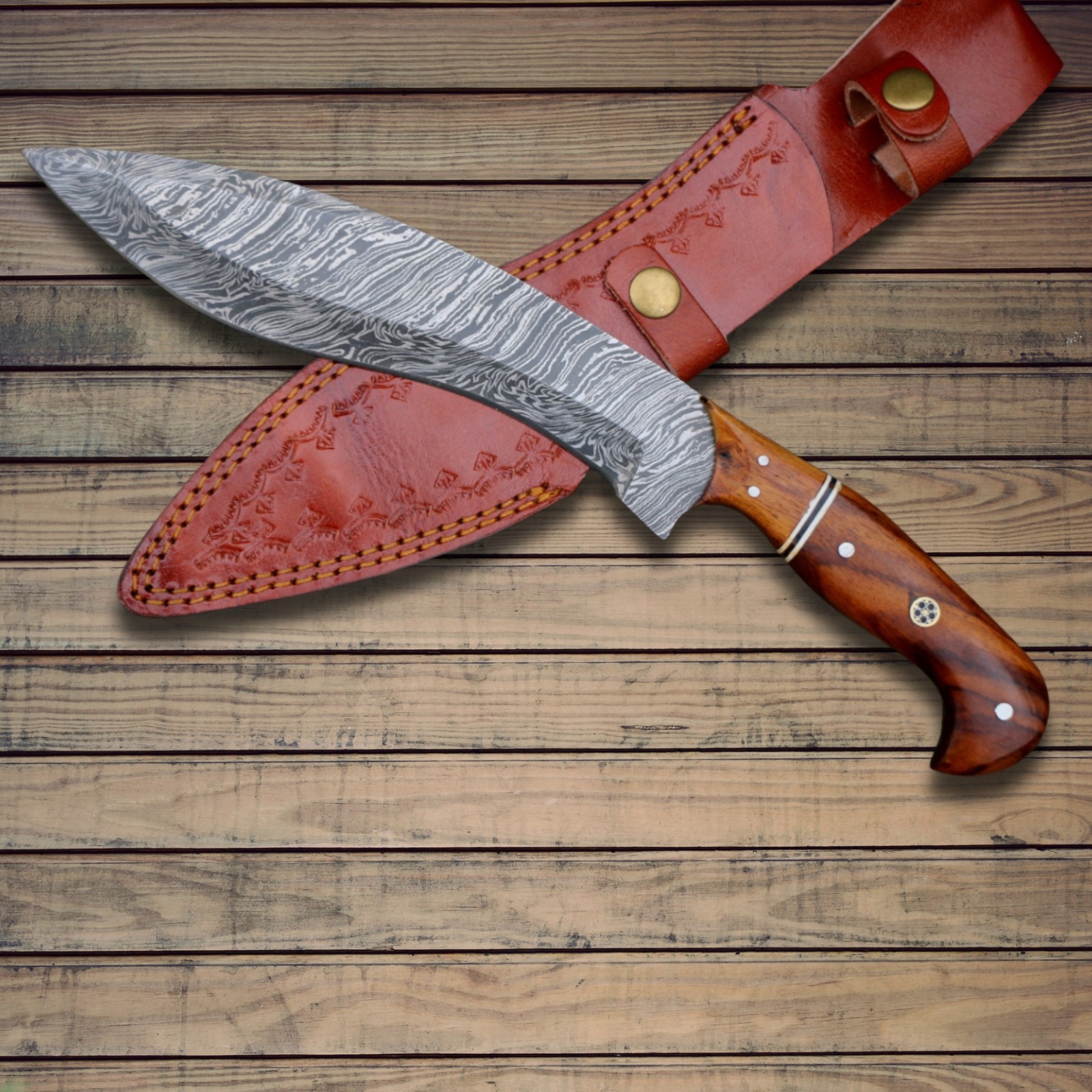 Damascus Steel Kukri Knife - Handmade Full Tang Fixed Blade Machete 12"