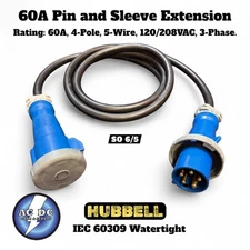 60A IEC 60309 PIN and Sleeve Extension Cable, HBL560C9W, HBL560P9W
