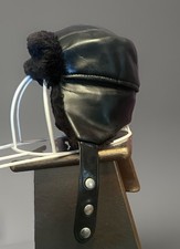 Authentic 1970  s Black Faux Leather/Fur Aviator Trapper Hat with Ear Flaps USA