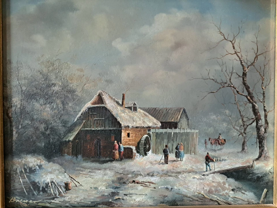 Ölgemälde Winterlandschaft Wassermühle Hof sign. Breuer Barockrahmen Holzplatte - Bild 3 von 4