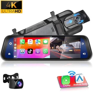 4K Front Rear View Mirror Dash Cam 9.66 Inch IPS Touch Screen Carplay HD Car DVR