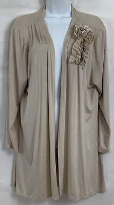 Chenault Size XL Open Front Top Cardigan Appliqued 3D Flowers Tan Stretch Lng Sl