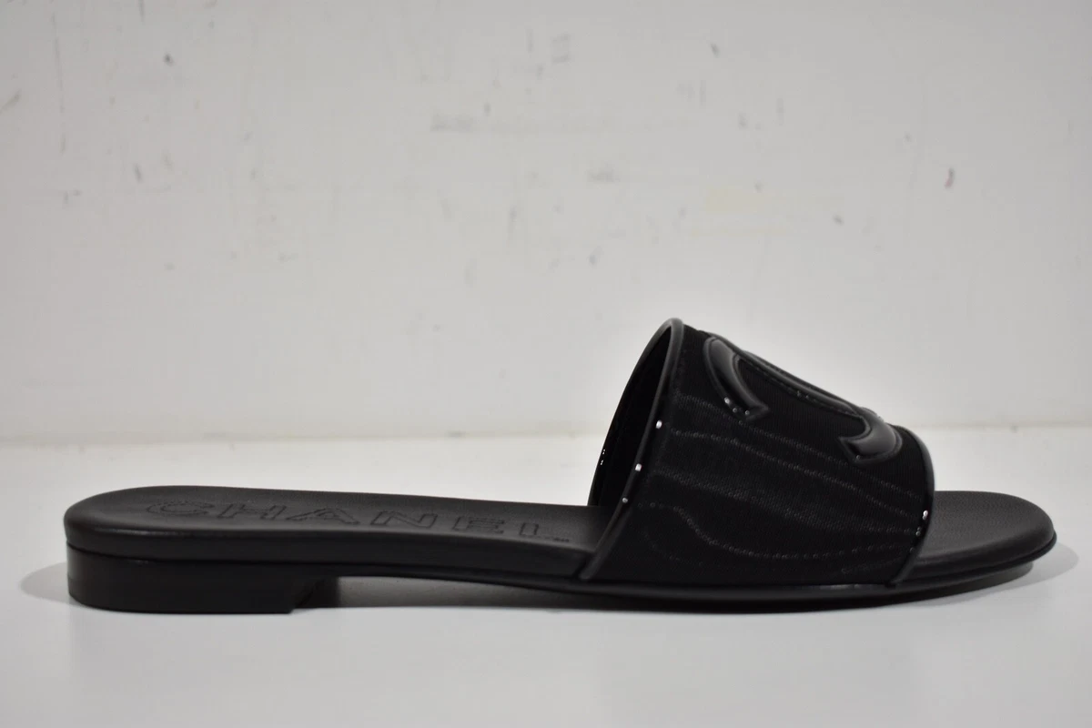 Chanel 23P Black Mesh Patent Leather CC Logo Slide Sandal Flat Flip Flop  Mule 38