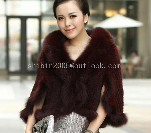 Handmade Knit Real Genuine Mink Fur Coat with Fox Fur Collar Shawls Wraps Cape - Picture 46 of 47
