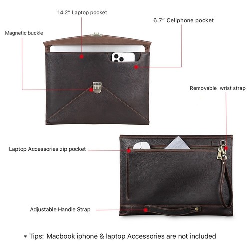 Envelopes Laptop Bag Leather Cover For Macbook Pro 13.3" 14.2" With Phone Pocket - Afbeelding 4 van 10