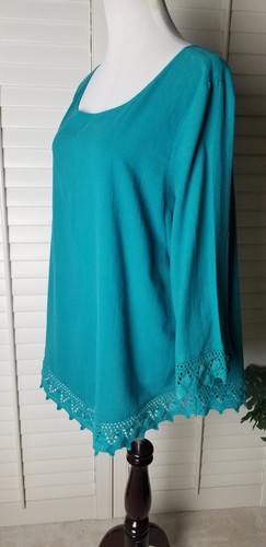 Soft Surroundings Tunic Top XL Teal Blue Scoop 3/4 Sleeve Embroidered 100% Cotto - Picture 4 of 12