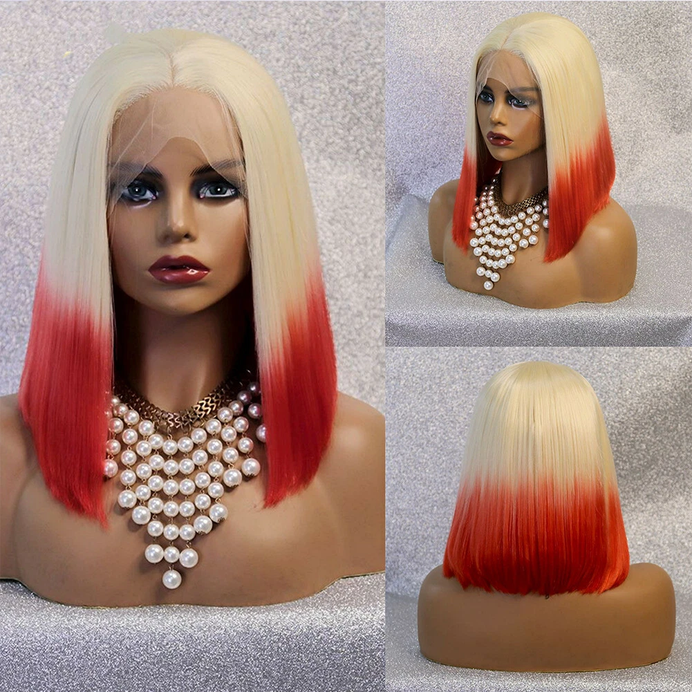 Short Bob Lace Front Wig Ombre Blonde Red Synthetic Hair Wigs