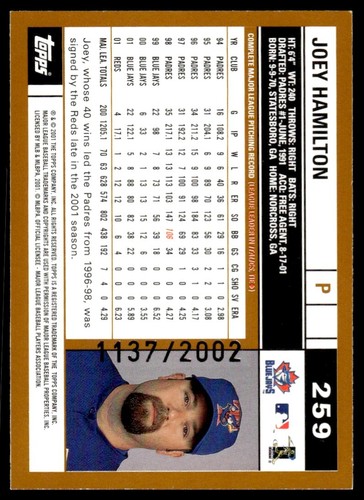 2002 Topps Gold Joey Hamilton 1137/2002 Toronto Blue Jays #259 - Picture 2 of 2
