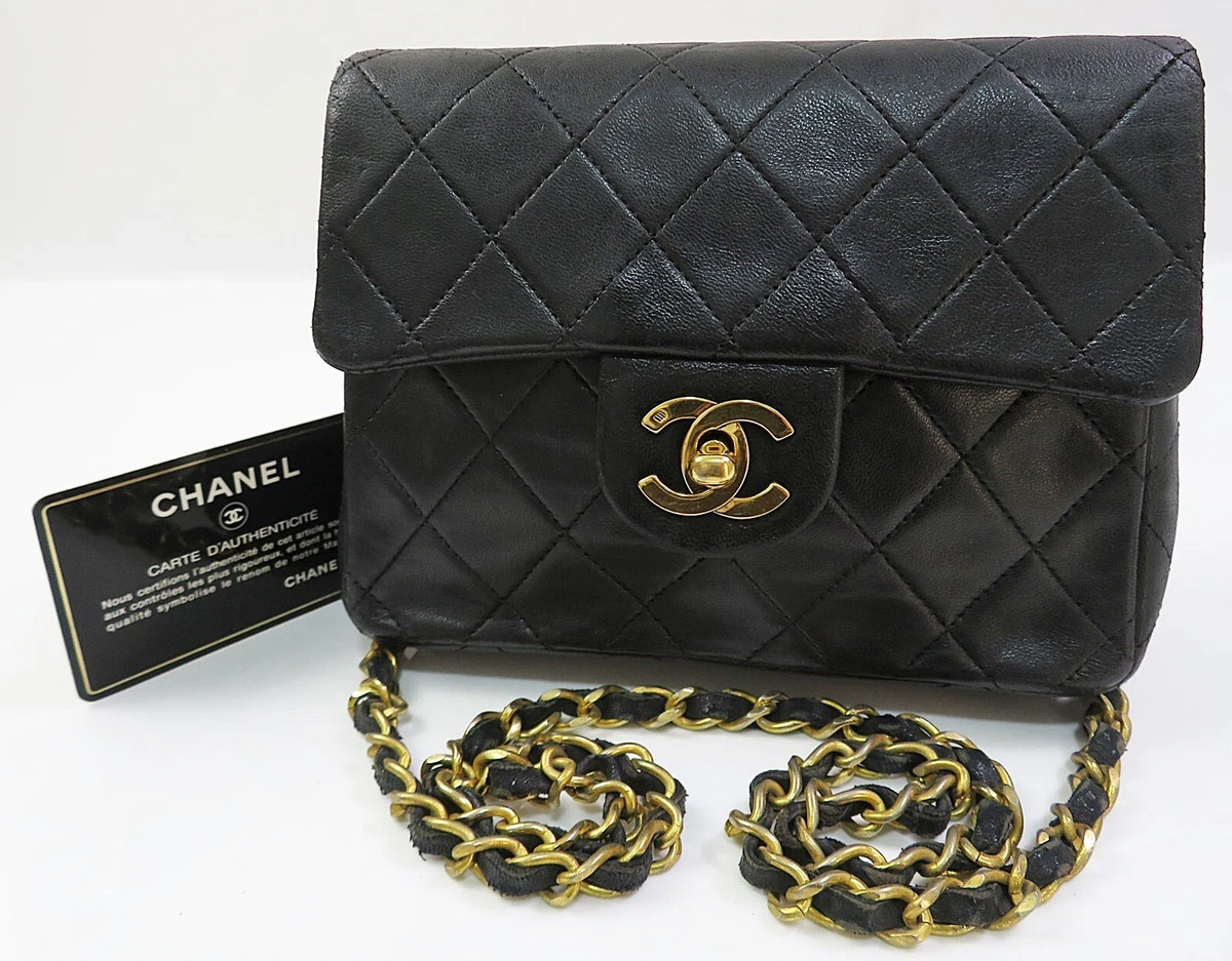 Auth CHANEL Black Quilted Lambskin Leather Chain Shoulder Flap Bag #49909