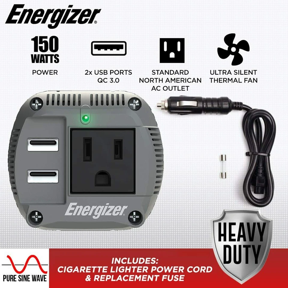 Energizer 150 Watts Pure Sine Wave Power Inverter - 2 USB Ports QC 3.0 - Image 3 of 4