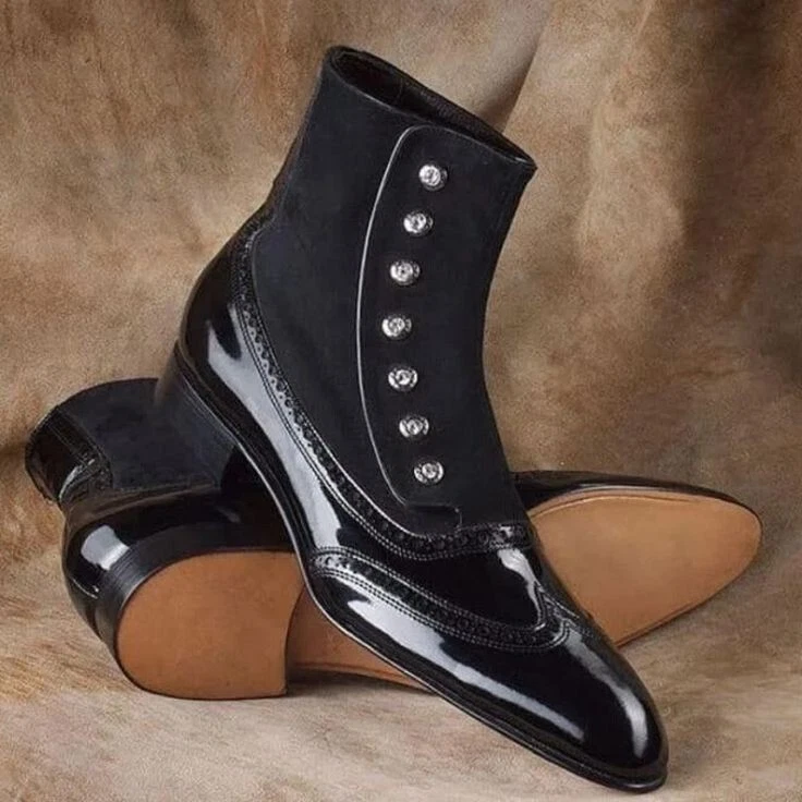 Custom Made Premium Quality Men Black Colour Leather Button Wing Tip Dress Boots