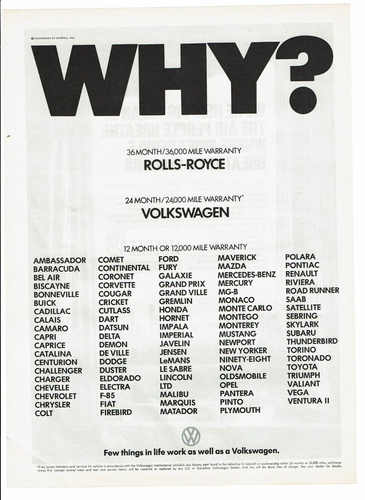 1972 Vintage Print Ad Why? Rolls-Royce Volkswagen VW Warranty 36 24 12 Month - Picture 2 of 2