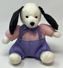 Russ Berrie Nylon Puppy Dog Overalls Suspenders Purple Plush Stuffed Animal READ