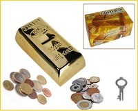 Goldbarren-Spardose-Keramik-Sparschwein-+-Schloß-SchlüSsel-AbschließBar