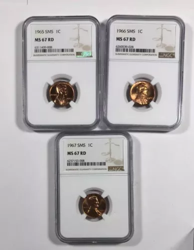 1965, 1966, 1967 Lincoln Cent 3pc Set. NGC MS67 Red.