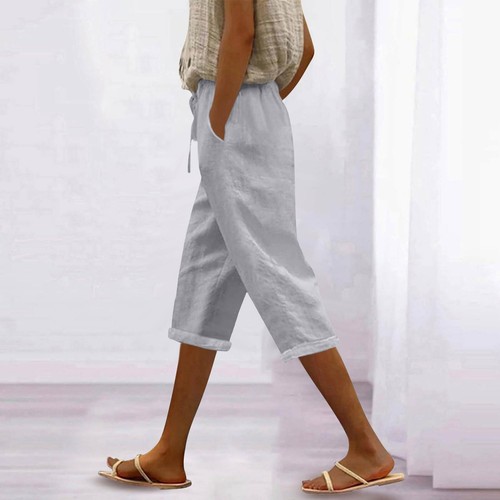 Women's Fashion Casual Loose Solid Colour Cotton Linen Drawstring 7/10 Pants - Picture 13 of 72