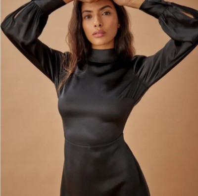 NWT Reformation Kim Silk Black Mini Dress Open Back Women's Size 10 J