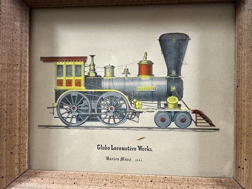 Vintage train print framed Globe Locomotive Works Boston hand-colored - Picture 2 of 6