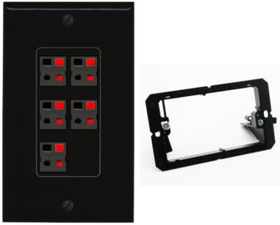 RiteAV 5 Port Speaker Wire Plug Jack Wall Plate - Bracket [Black/Black]