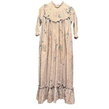 Vintage Kids Floral Prairie Nightgown Dress Ruffle High Neck Maxi Beige Pink 10